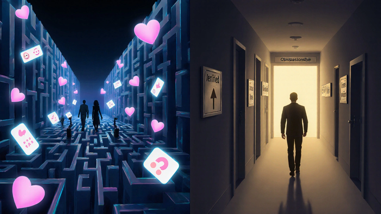 Two contrasting paths: one chaotic with hearts and emojis, the other clear and lit with signs for verified companionship.