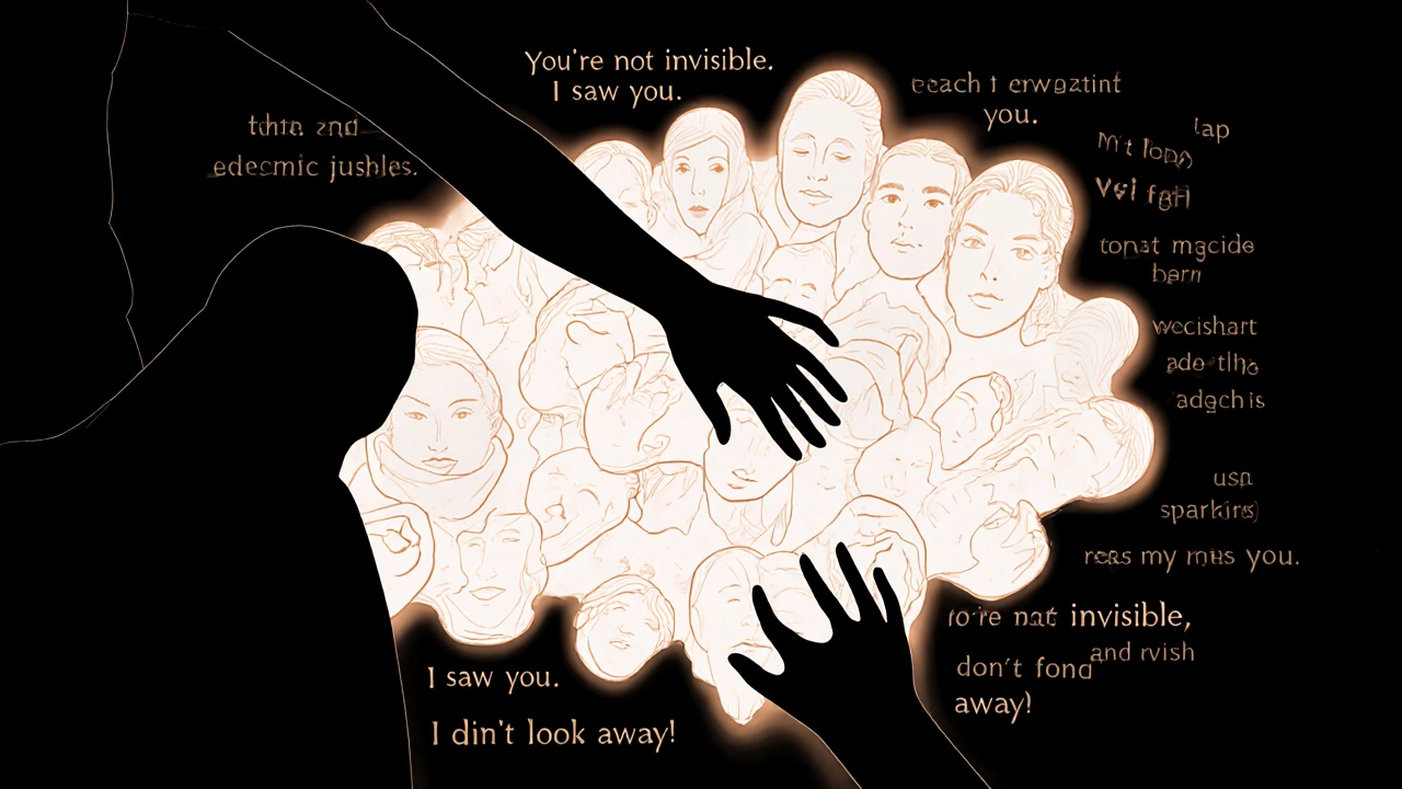 Two hands reaching toward each other in darkness, surrounded by faint silhouettes of hidden struggles.