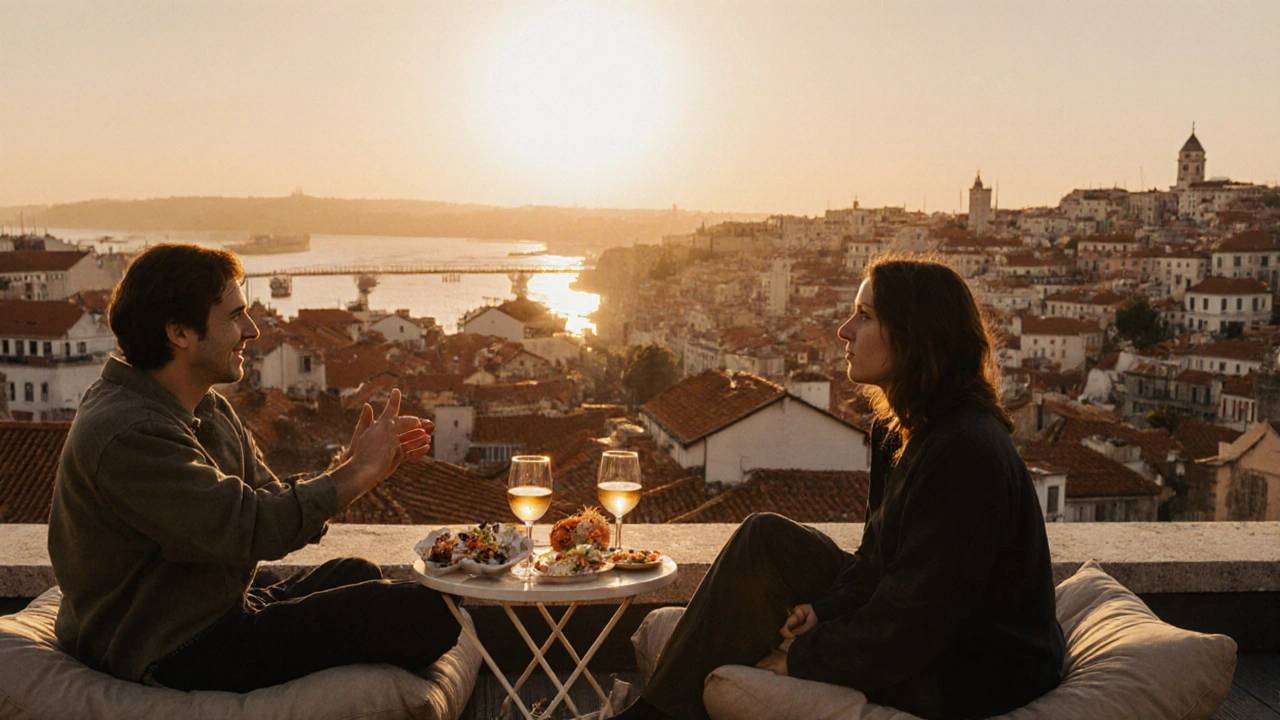 Two people enjoying wine and tapas on a Lisbon rooftop at golden hour, city lights glowing below.