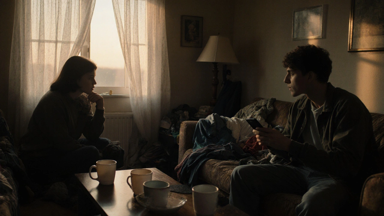 Two people in a sunlit living room, silent and distant, morning light revealing emotional space between them.