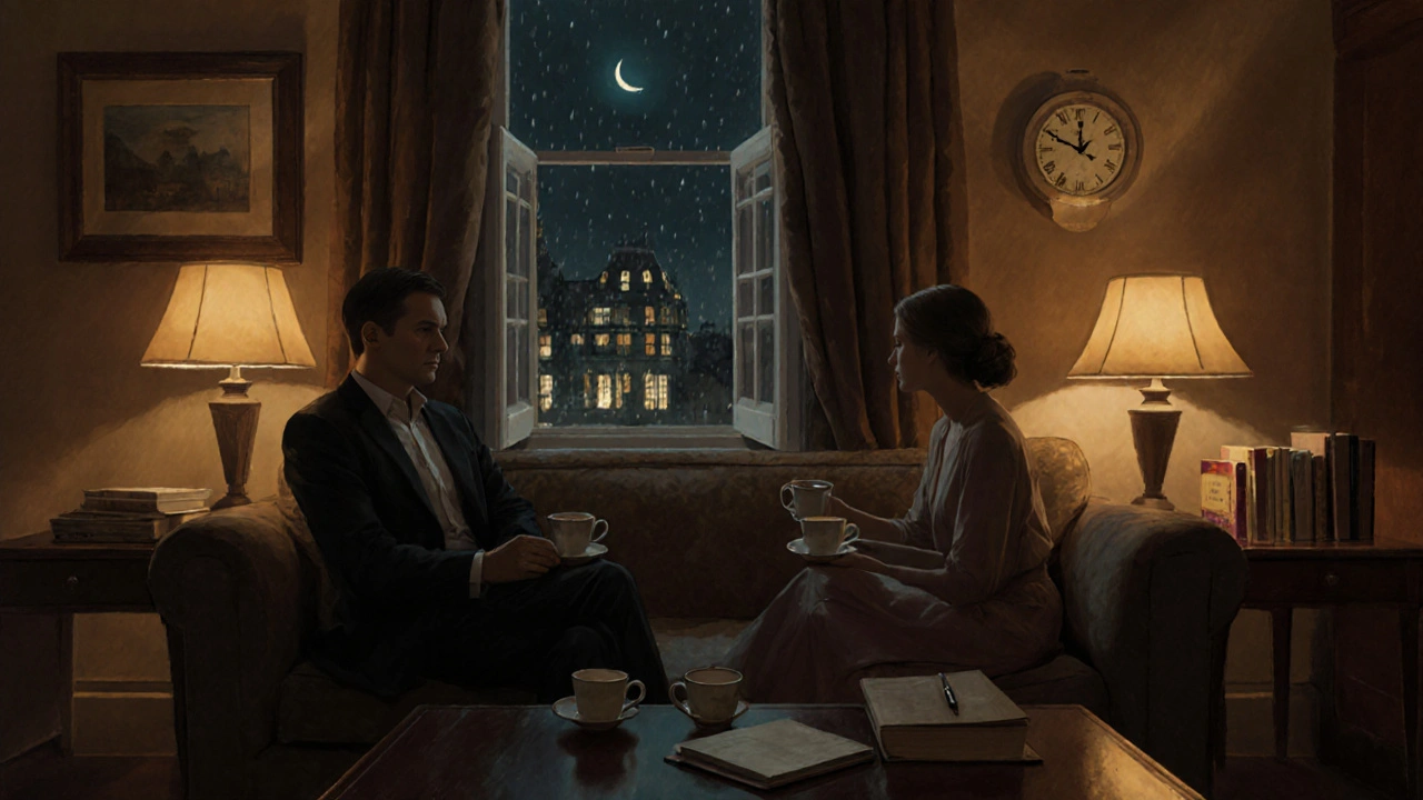 Two people sit quietly in a hotel room, talking over tea, rain falling outside the window.