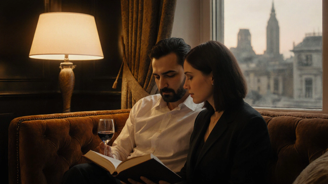 Two people sitting together on a sofa in a hotel lounge, sharing an art book under soft lamplight.