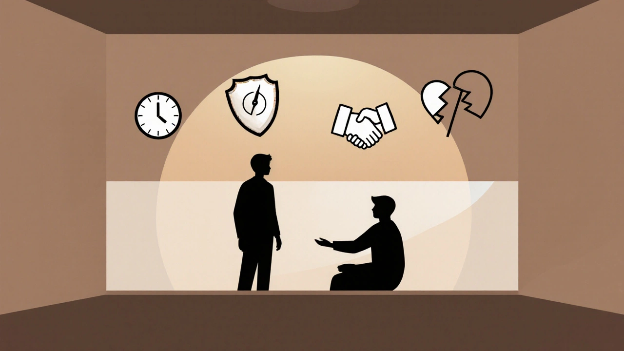 Two silhouettes separated by glass, with icons representing time, safety, consent, and emotional boundaries.