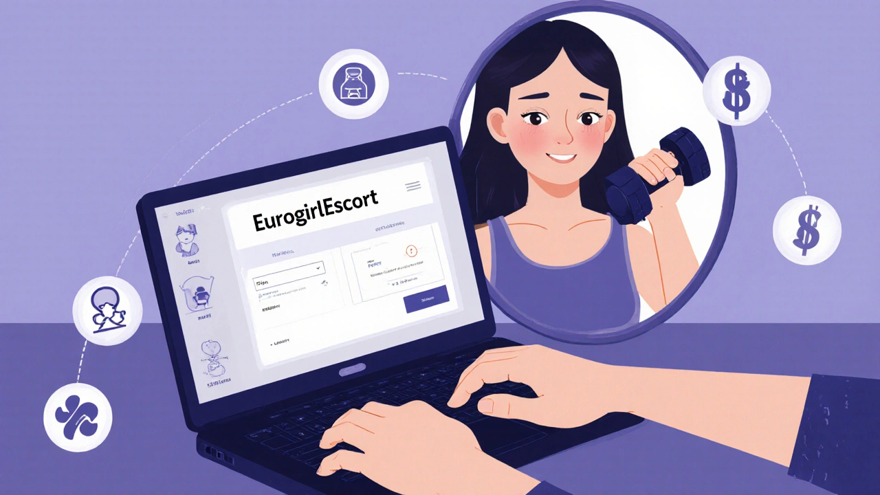 Woman&#039;s hands holding dumbbell and laptop, reflecting independence and control over her work.