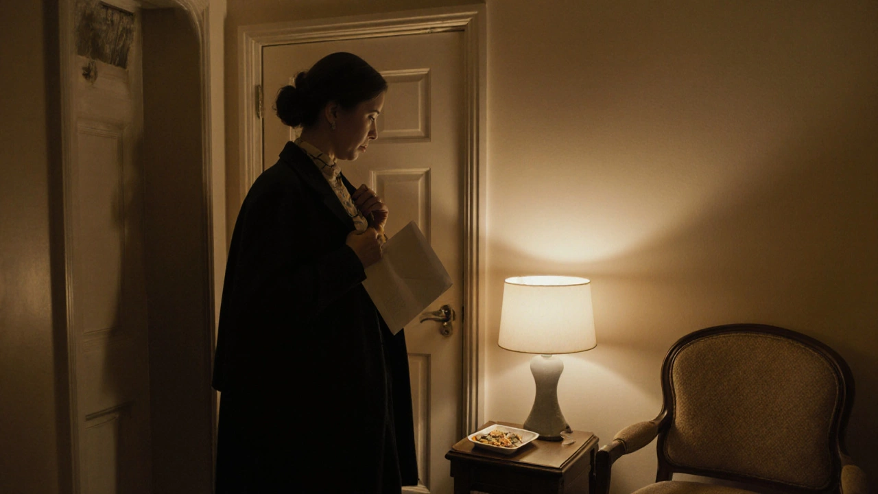 Woman standing in a modest hotel room holding cash after a client leaves, calm and composed.