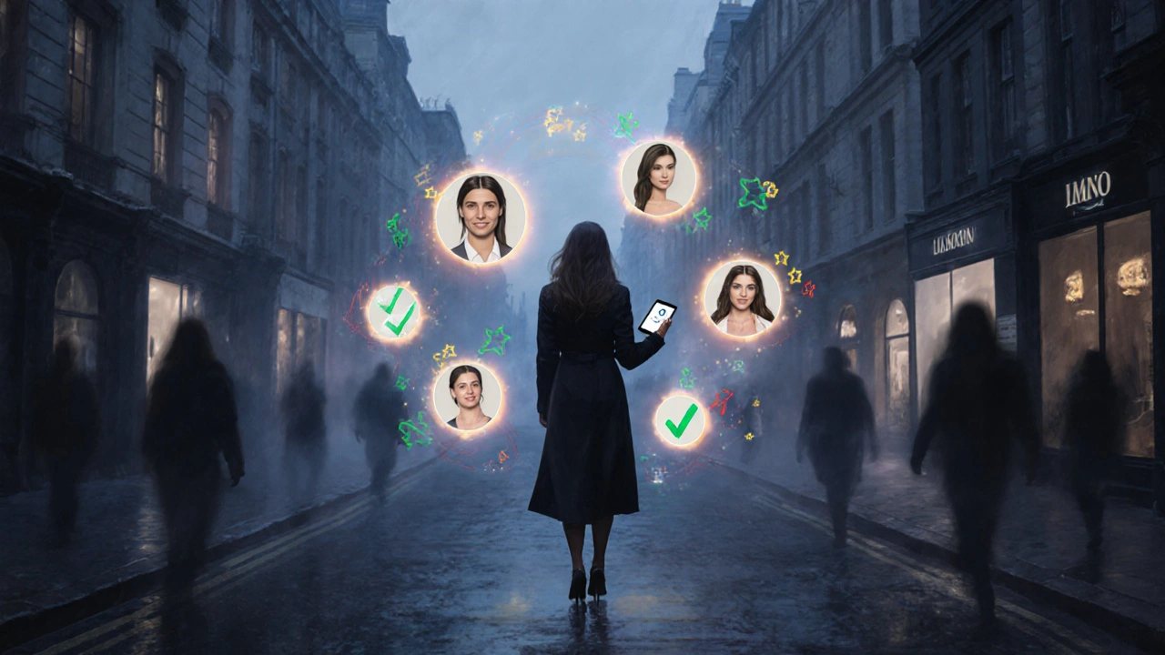 Woman walking in misty London street, verified profiles glowing on phone, fake profiles fading behind.