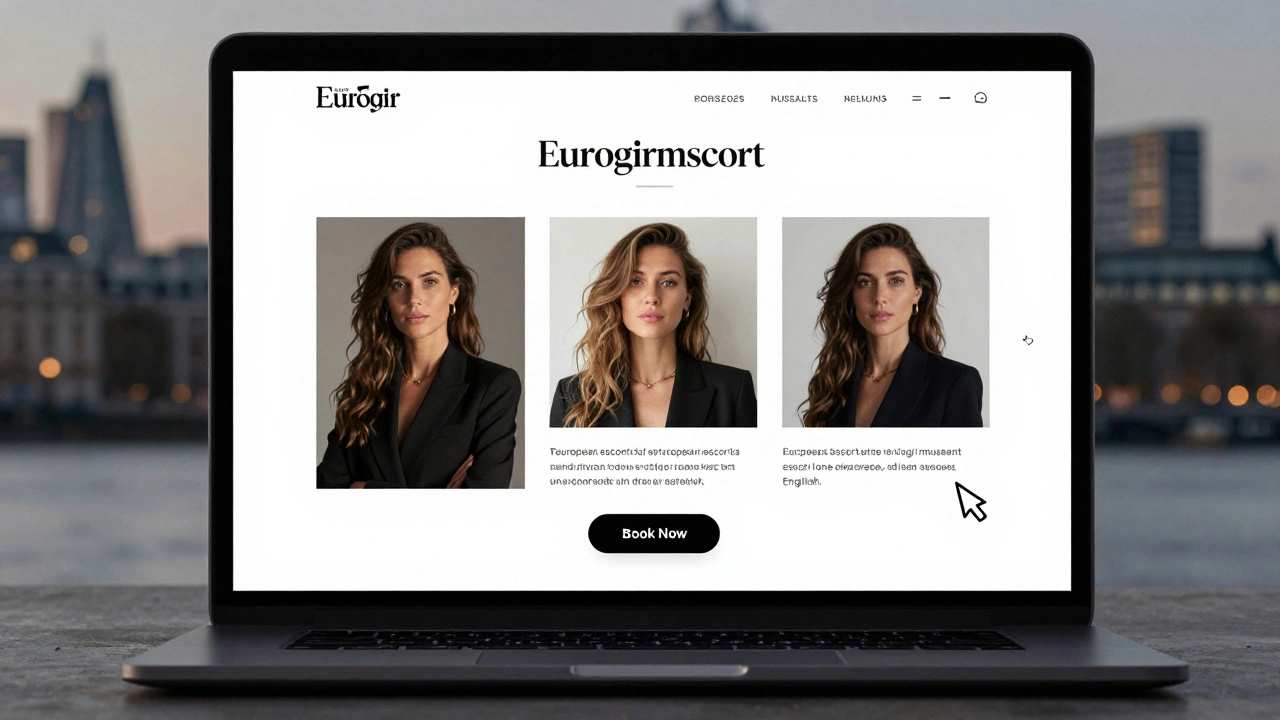 A clean Eurogirlescort profile page on a laptop showing real photos and detailed bio text.