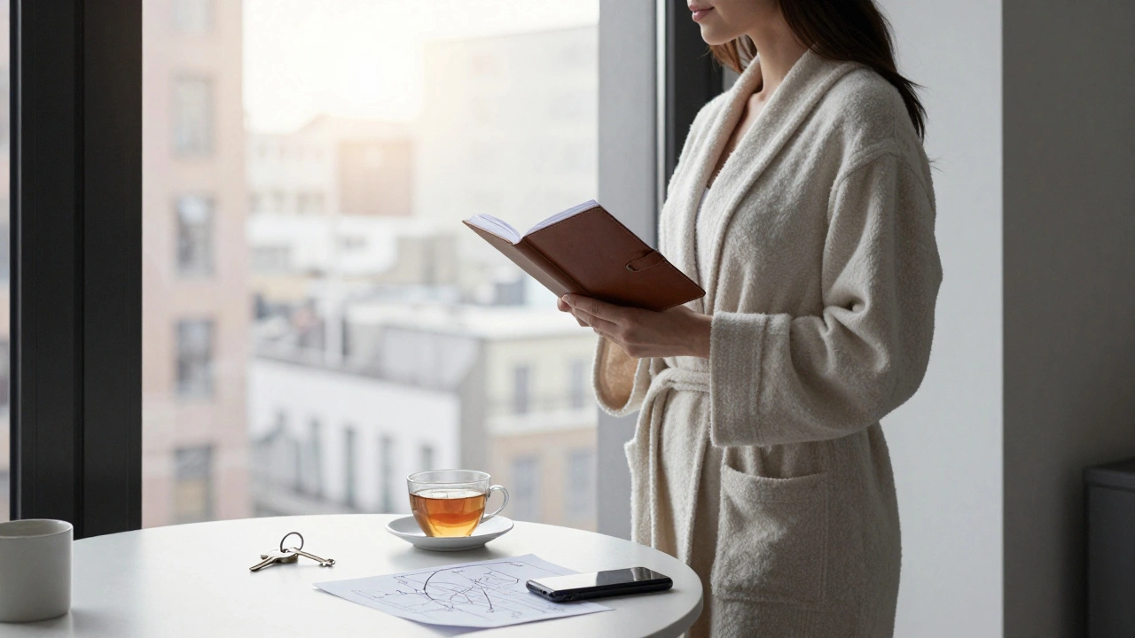 A composed woman in a cashmere robe at sunrise, facing a window with a burner phone and itinerary.