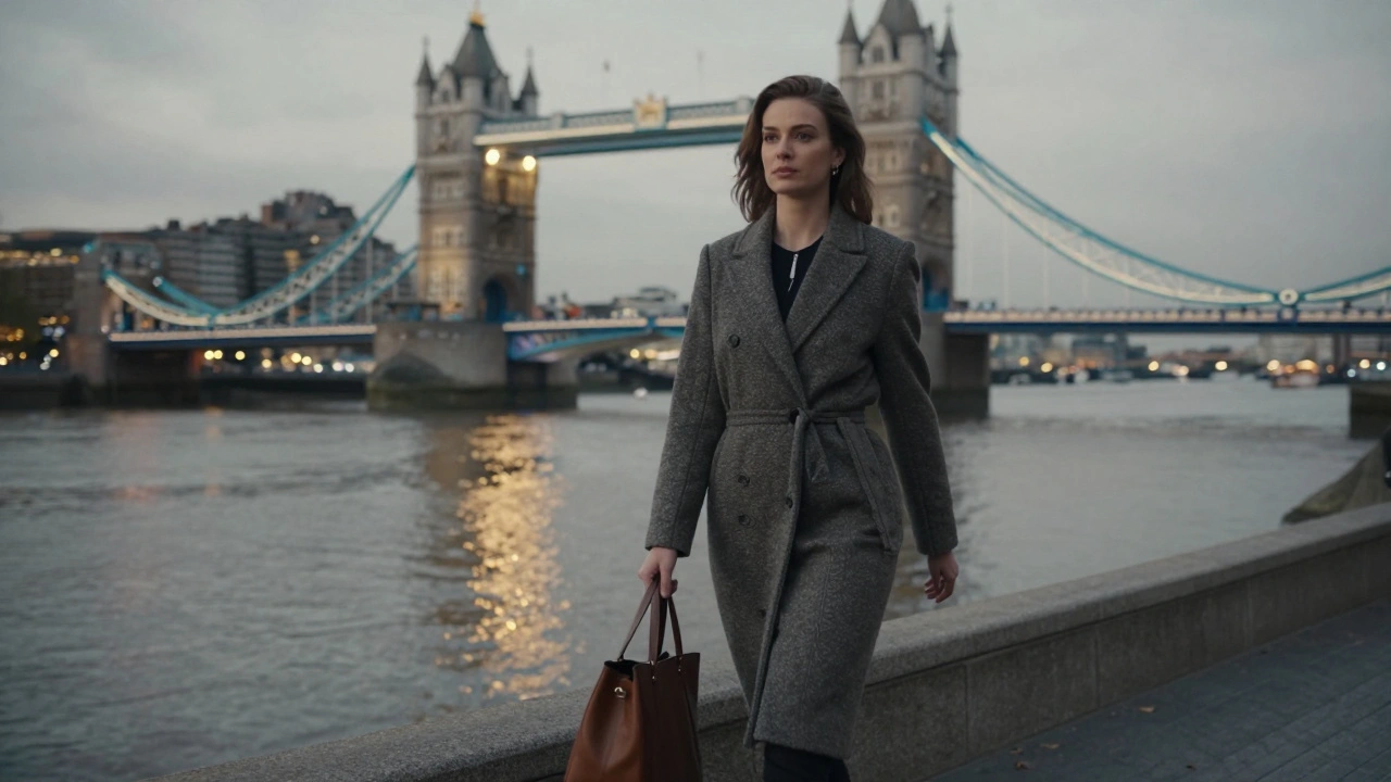 A confident European woman walking along the Thames at dusk, city lights reflecting behind her.