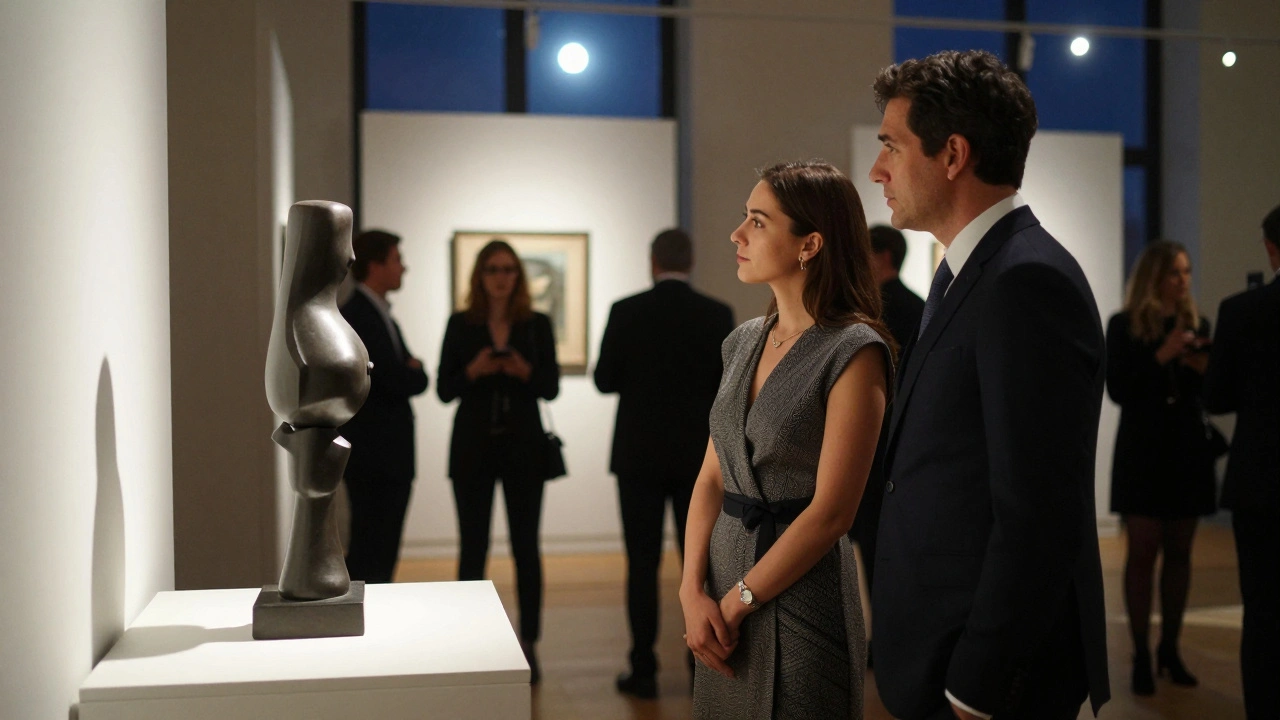 A couple admires art at a gallery opening, surrounded by blurred guests in quiet elegance.