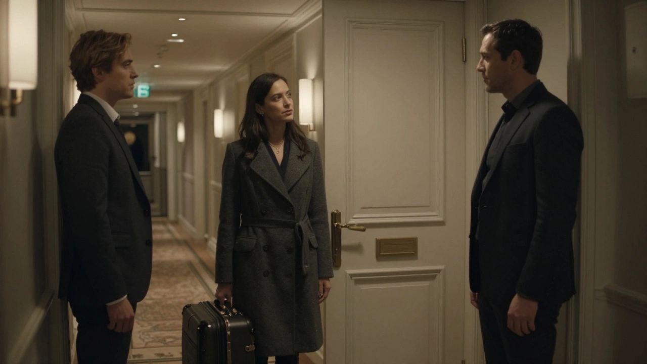A discreet meeting in a Paris hotel corridor, with calm body language and no transactional cues.