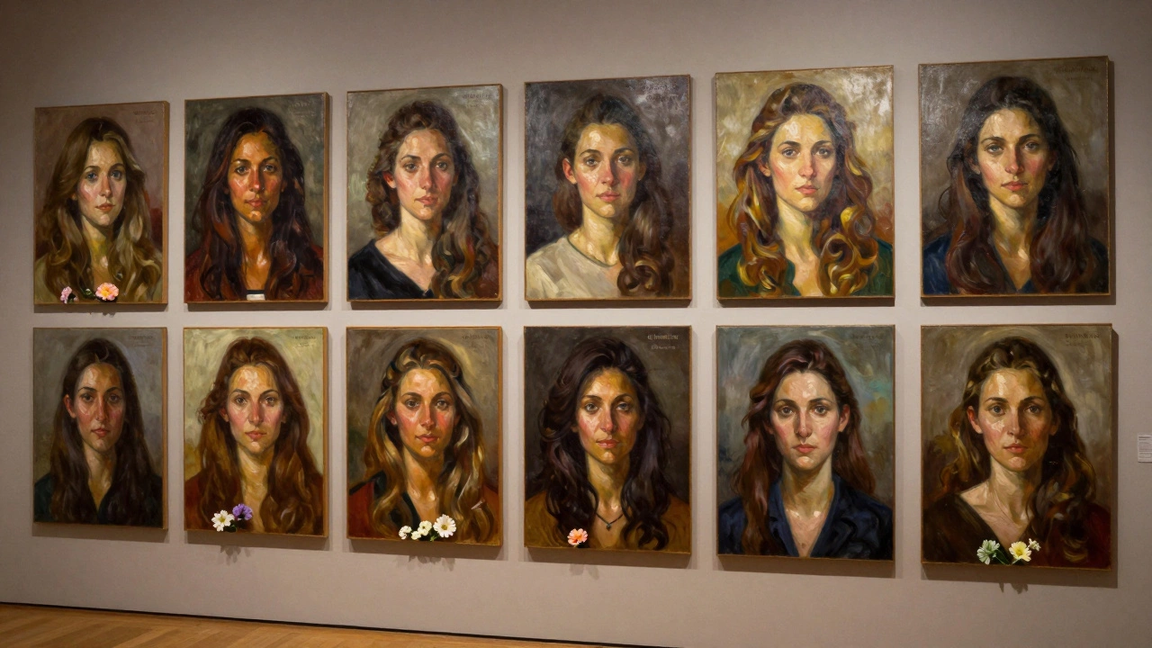 A gallery wall displays portraits of real women, each labeled with their true name, painted with dignity and depth.