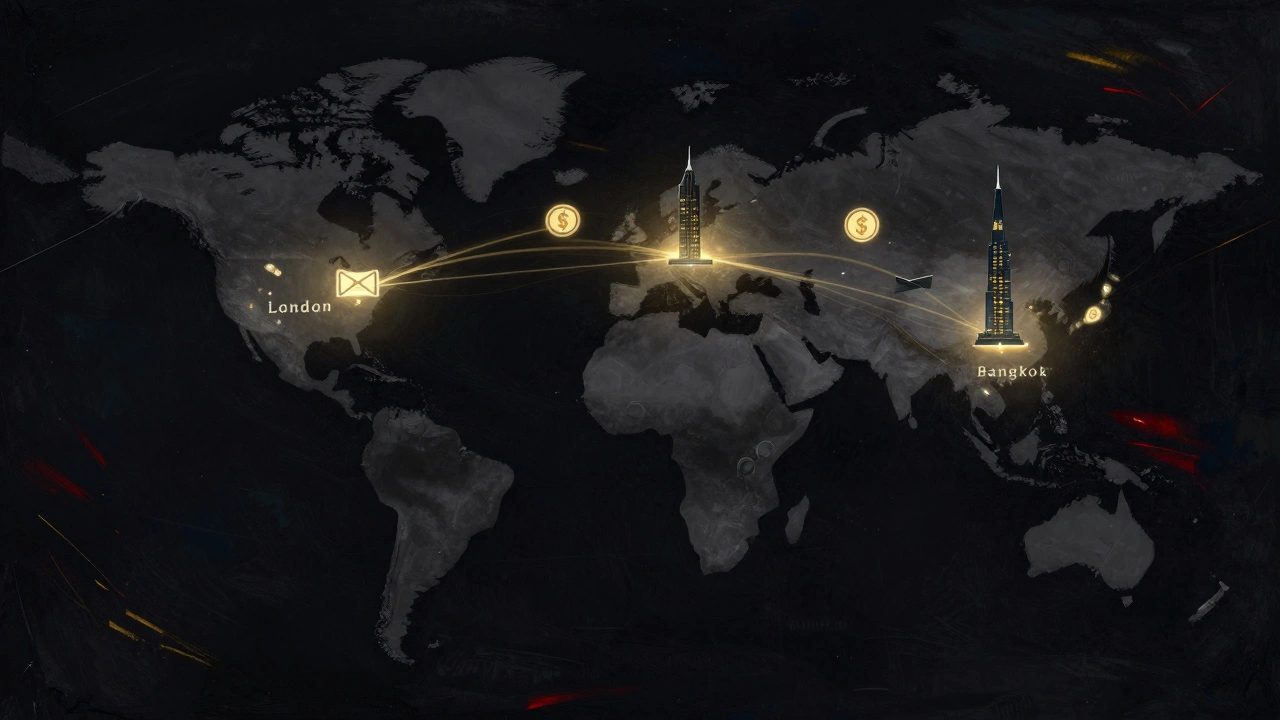 A global map with glowing connections between cities, symbolizing hidden sex work networks and discreet transactions.