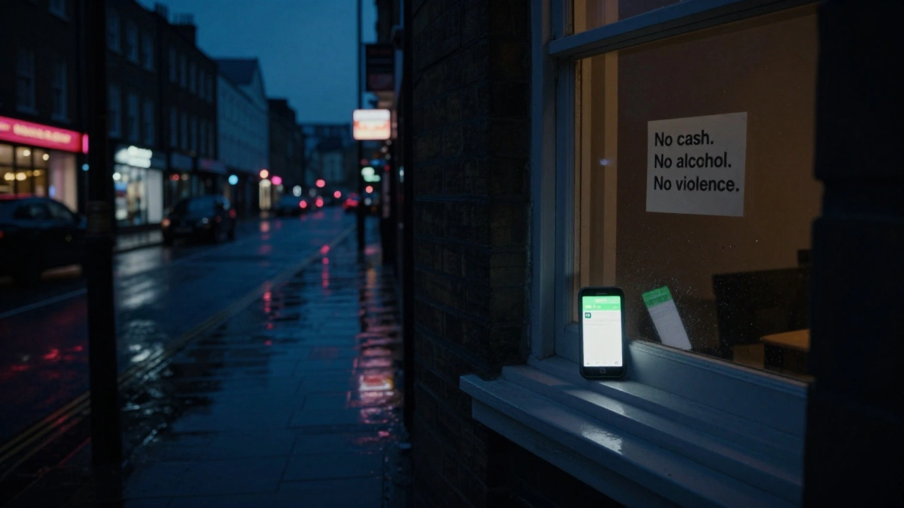 A glowing phone on a windowsill at night, reflecting a quiet, rain-slicked London street outside.