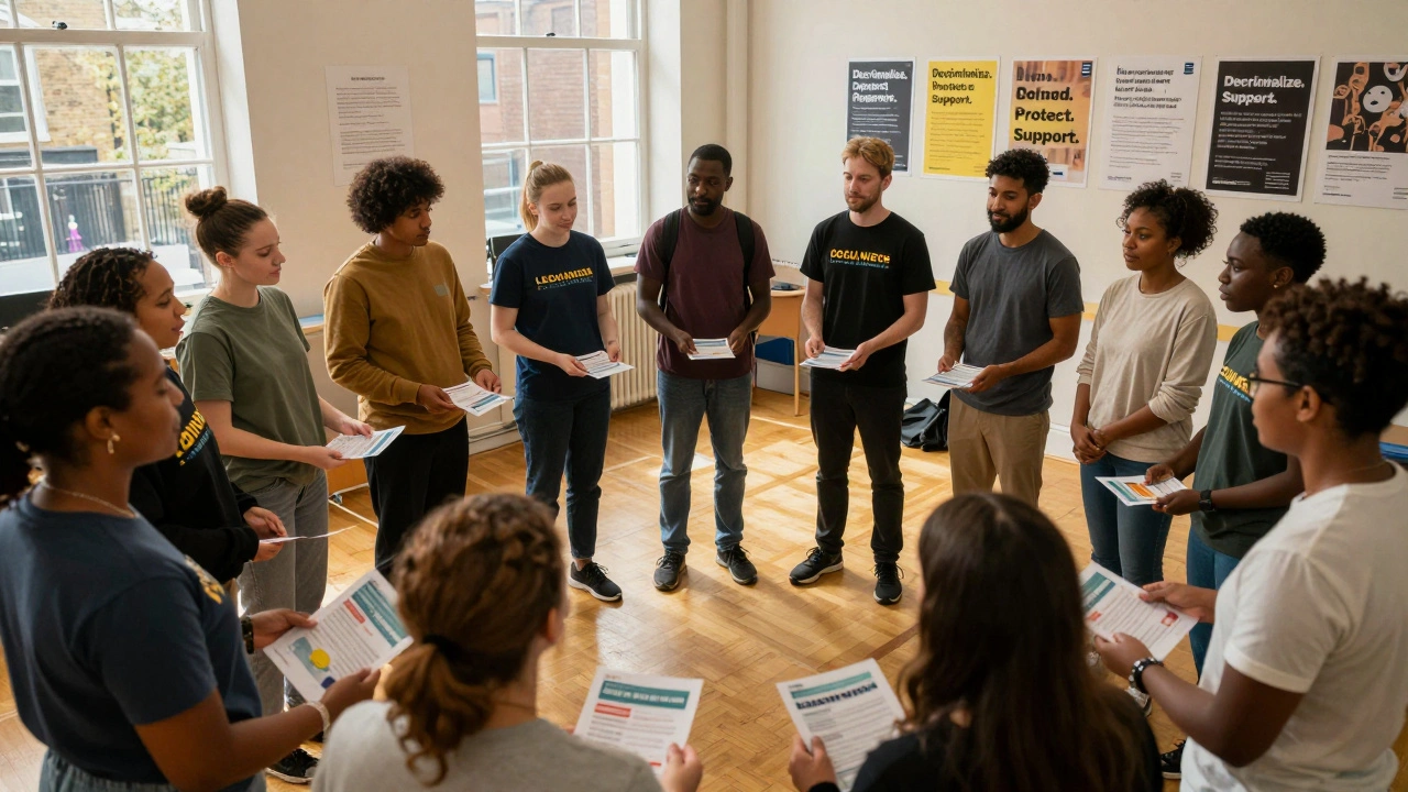 A group of people in a community center receiving support, holding hands as volunteers offer resources for sex workers.