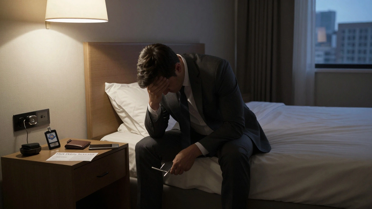 A man sits on a hotel bed, overwhelmed, with police documents and his wallet on the nightstand.