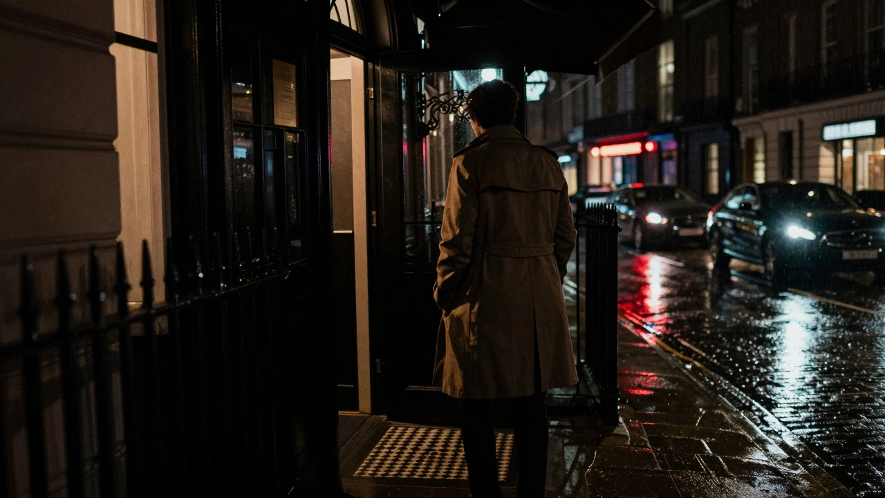 A mysterious figure entering a private London club at night, rain reflecting dim neon lights.