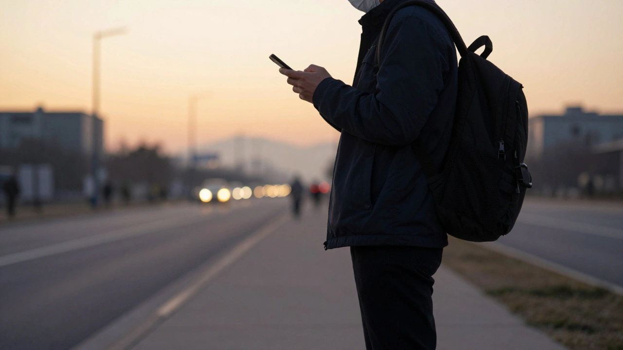 A person walking alone at sunrise, phone in hand, wearing last night&#039;s clothes, city lights fading behind.