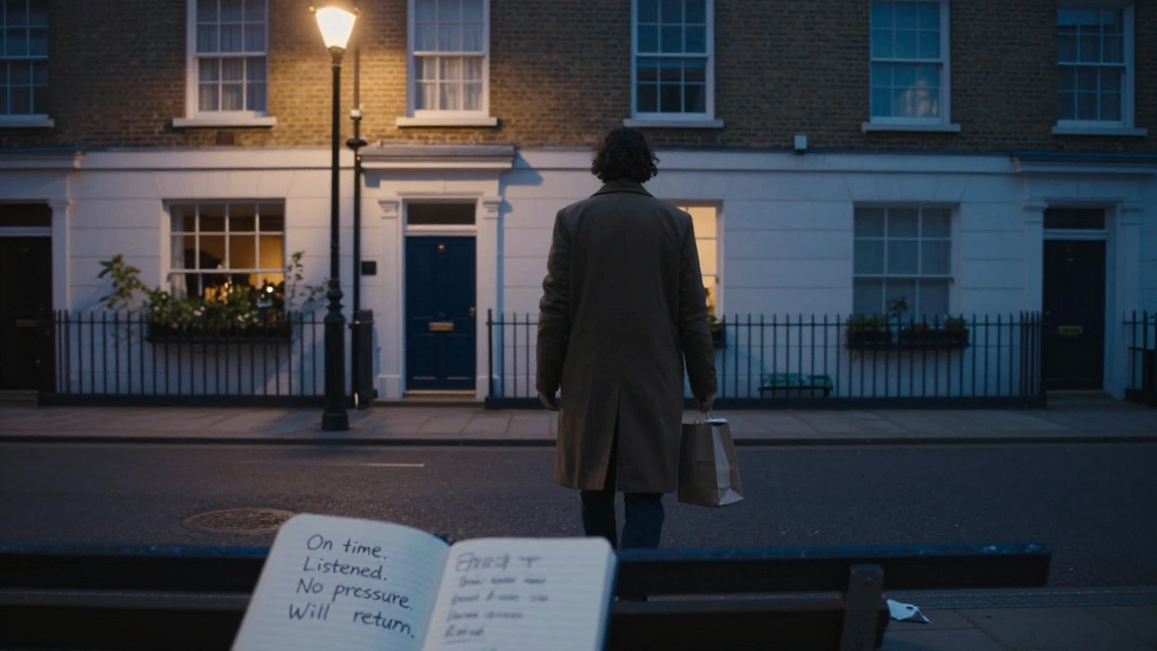 A person walking away from a private residence at dusk, holding coffee, with handwritten notes on a bench.