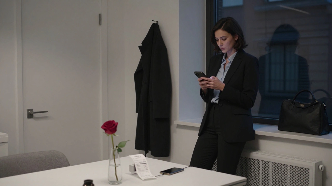 A professional Asian escort in a minimalist London apartment, capturing a moment of quiet autonomy after a meeting.