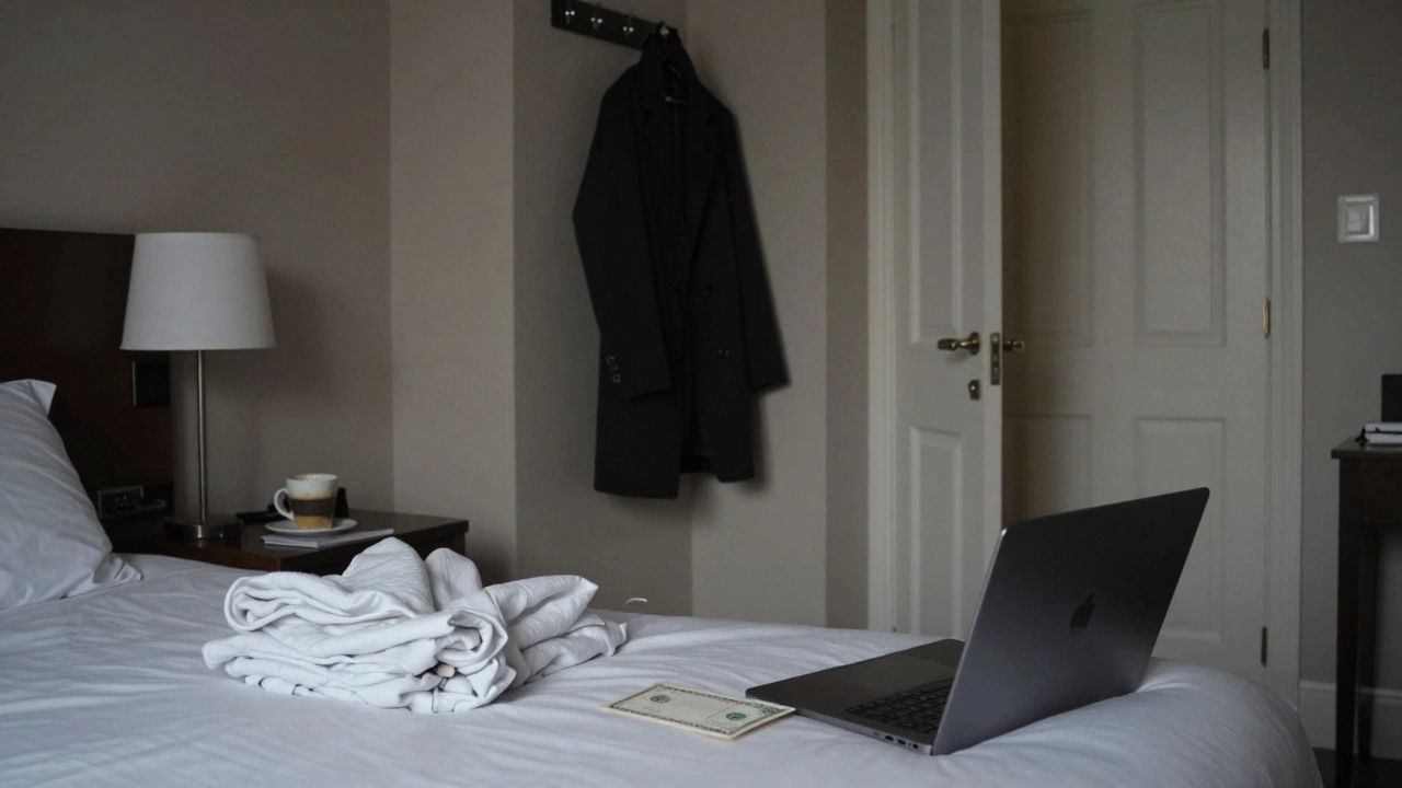 A serene hotel room with a cash envelope and coffee cup, suggesting a discreet meeting has ended.
