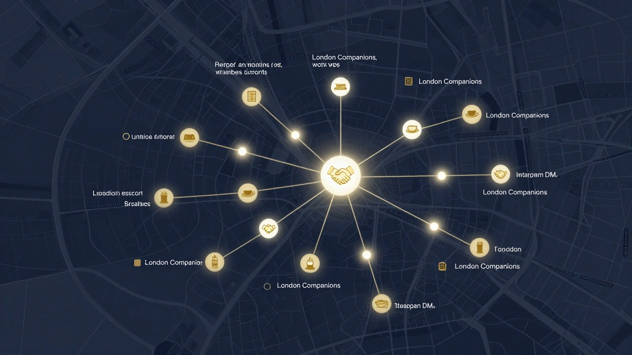A transparent map of London with glowing vetted escort profiles connected to symbols of connection, contrasted with shadowy unverified ads.