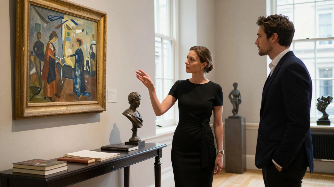 A woman in a black dress discussing art with a man in an elegant London gallery.