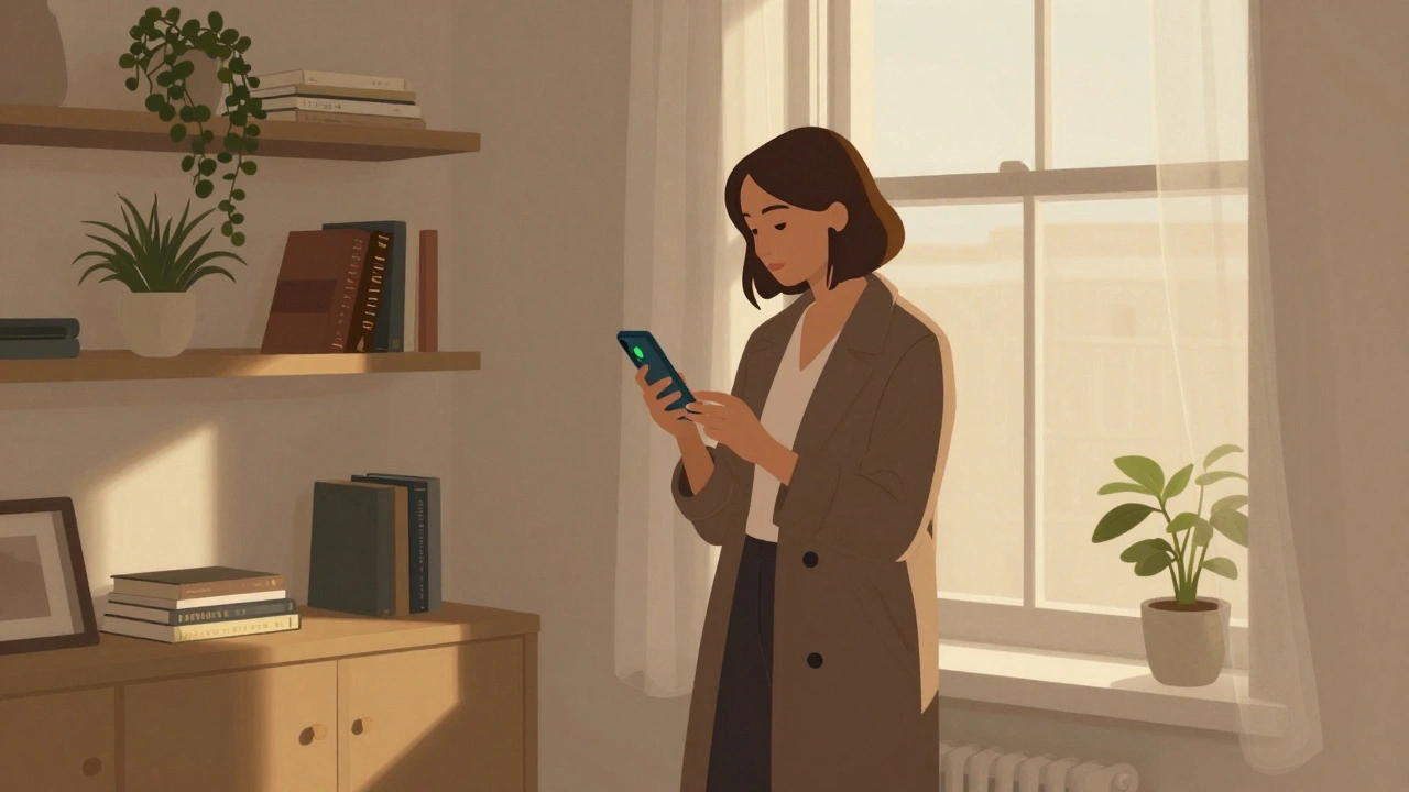 A woman in a tailored coat stands by a window in a quiet apartment, holding a smartphone, warm light streaming in.