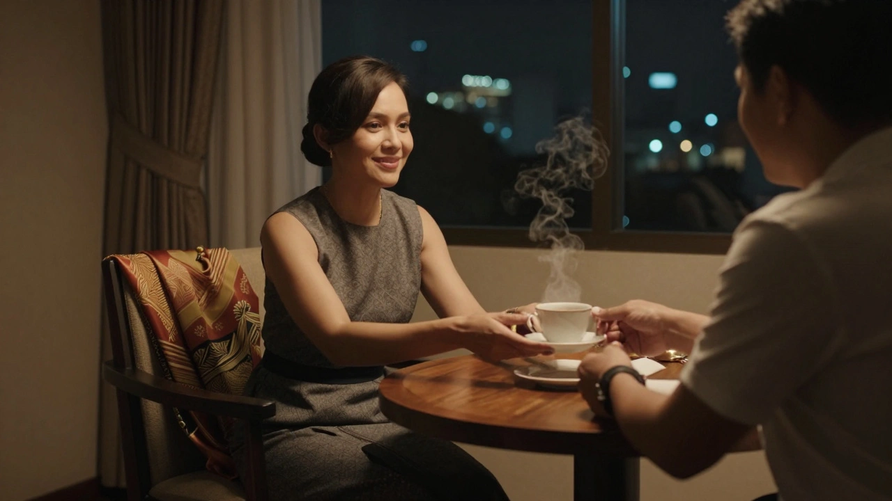 A woman in Bangkok serves tea in a hotel room, wearing a dress, warm lighting, sense of quiet companionship.