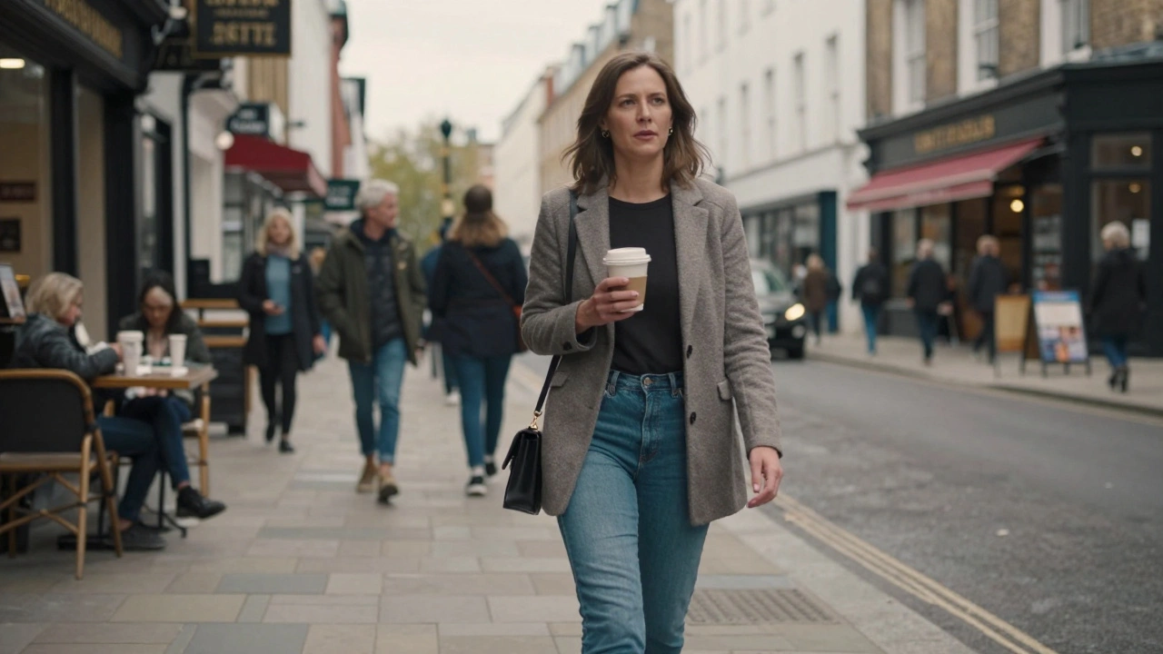 A woman in her 40s walking confidently through Notting Hill with a coffee cup, blending into everyday London life.