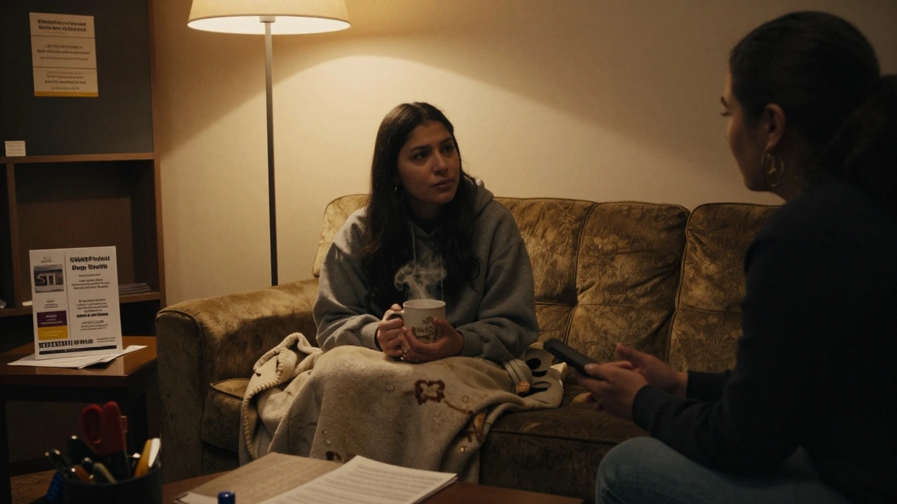 A woman sits warmly wrapped in a blanket at a drop-in center, talking quietly with a counselor.