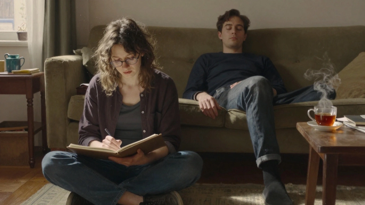 A woman sketching on the floor while a man relaxes on a couch, sunlight streaming through the window in a cozy London apartment.