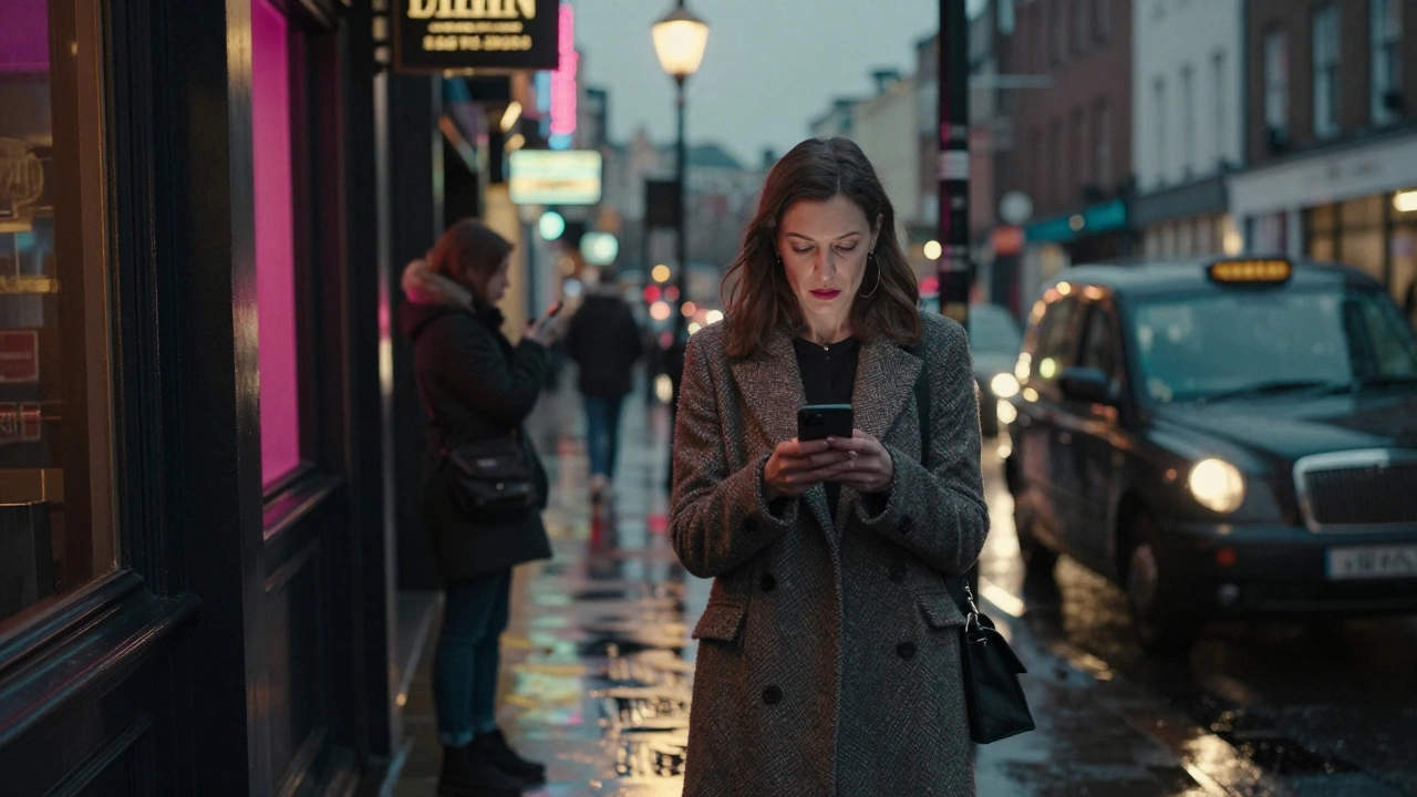 A woman standing outside a bar at night, checking her phone while waiting calmly for someone.