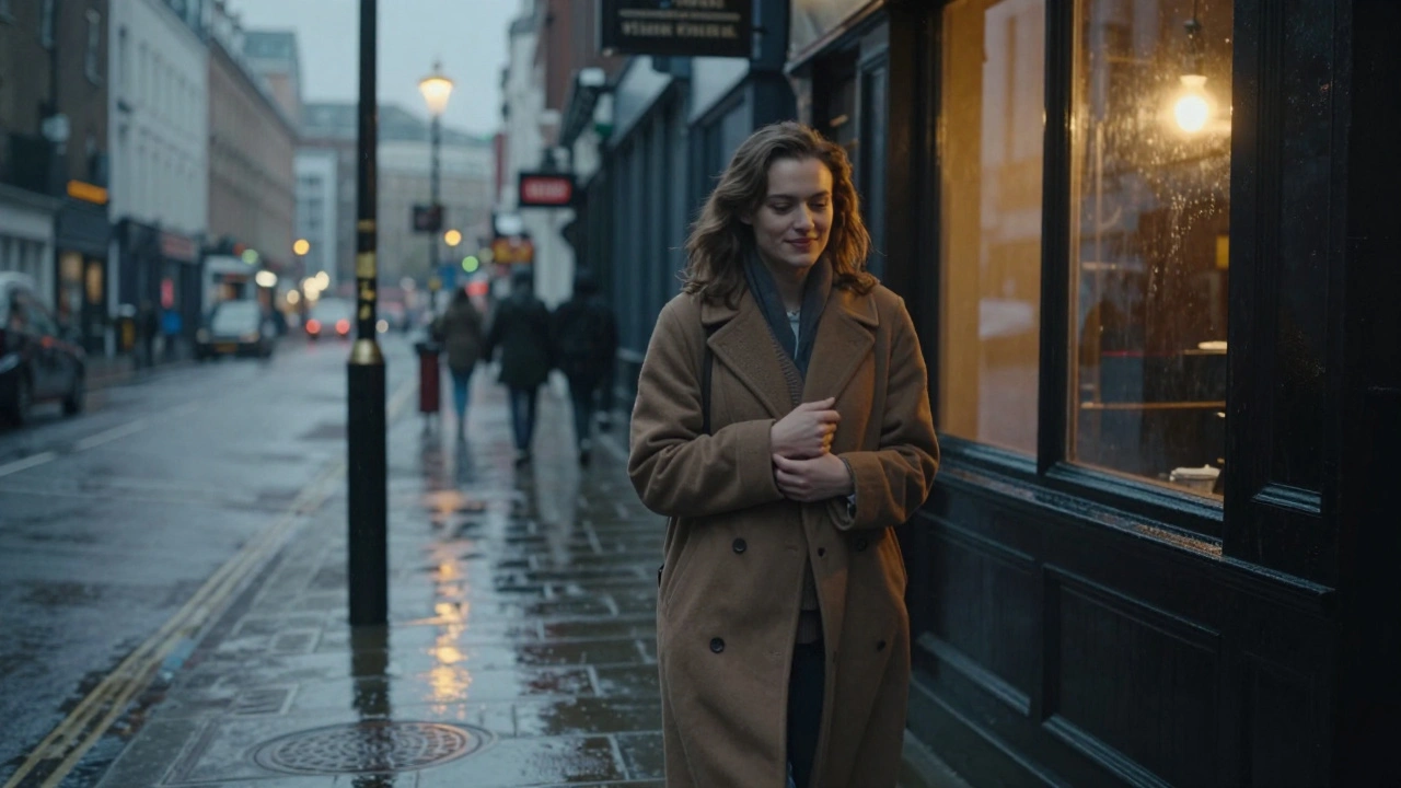 A woman walking alone at dawn in a rainy London street, smiling with quiet relief.