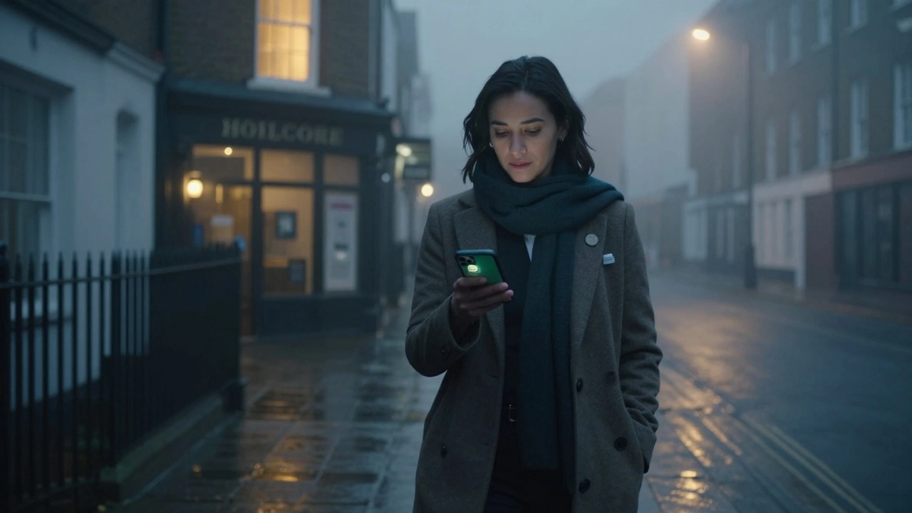 A woman walking alone at night in Brixton, holding a phone, surrounded by misty streetlights.
