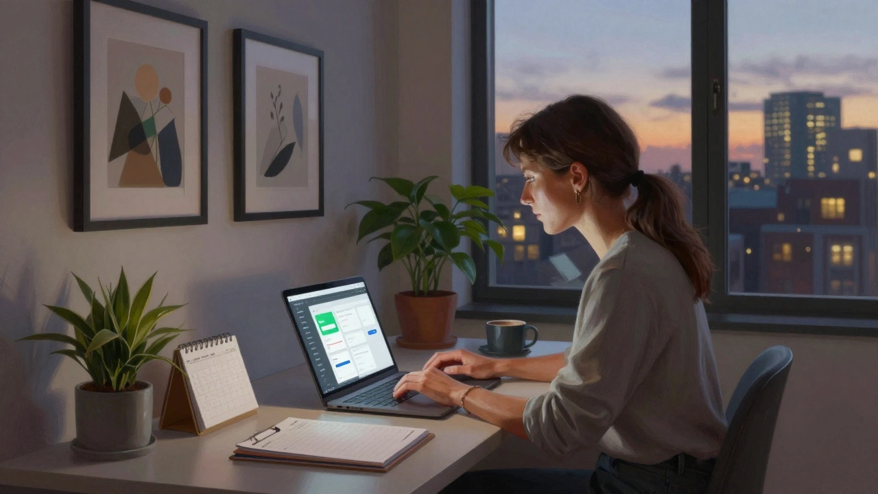 A woman works on her laptop in a cozy London apartment, surrounded by art and plants, at dusk.