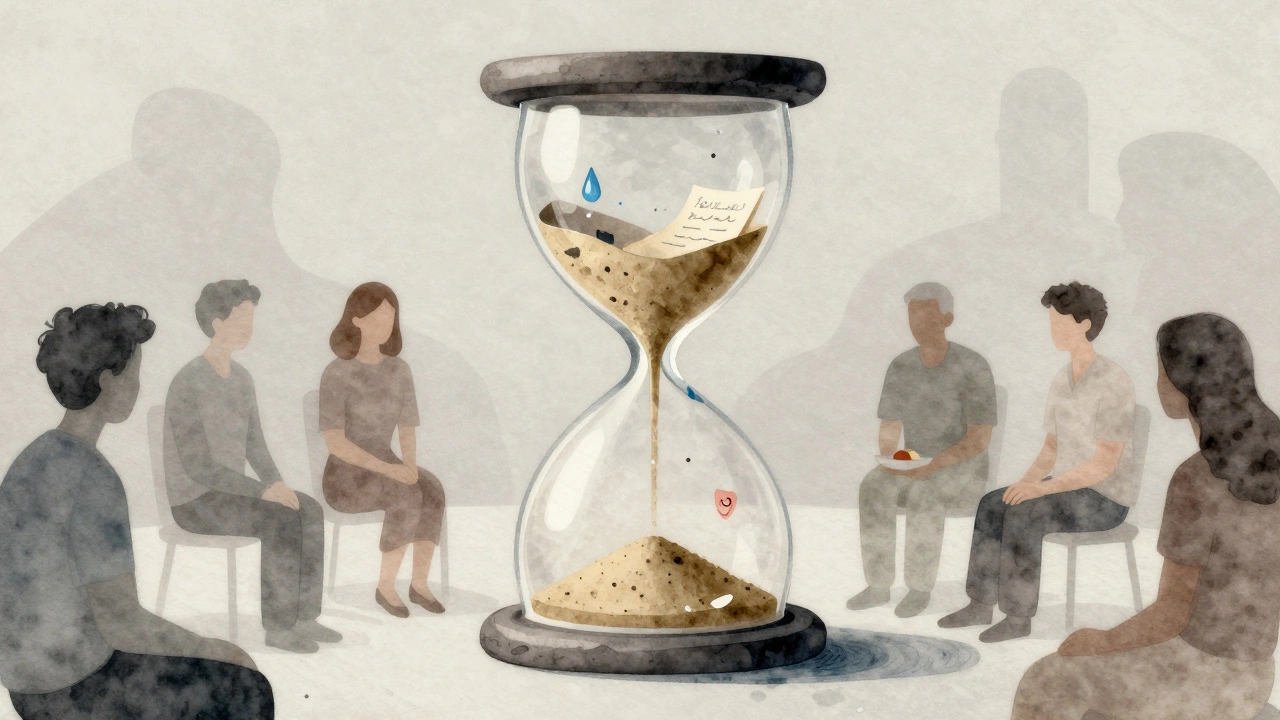 An abstract watercolor of an hourglass filled with emotional fragments, symbolizing human presence and emotional labor.