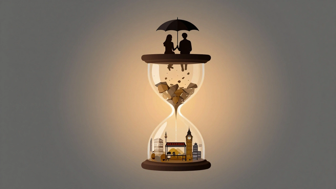 An artistic hourglass made of light with London neighborhood scenes rising from it, two silhouettes sharing an umbrella above.