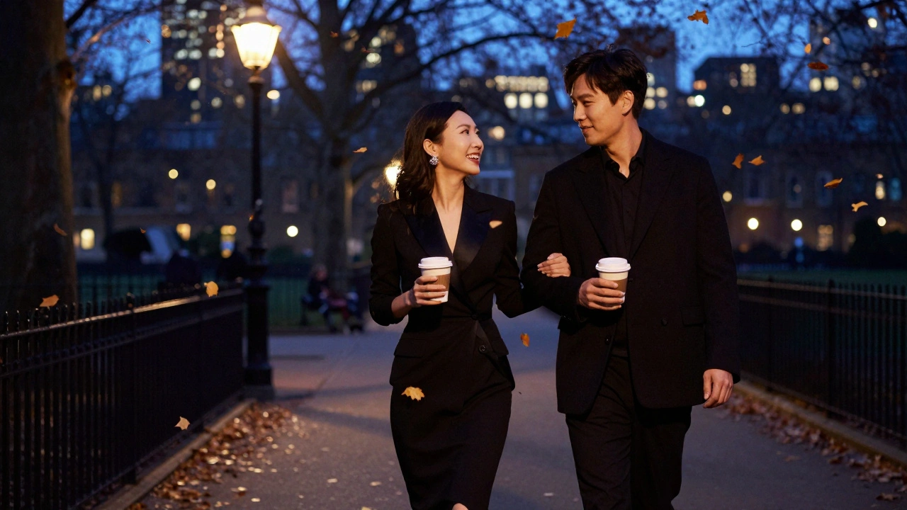 An Asian woman and man walking peacefully through Hyde Park at twilight, enjoying quiet companionship.