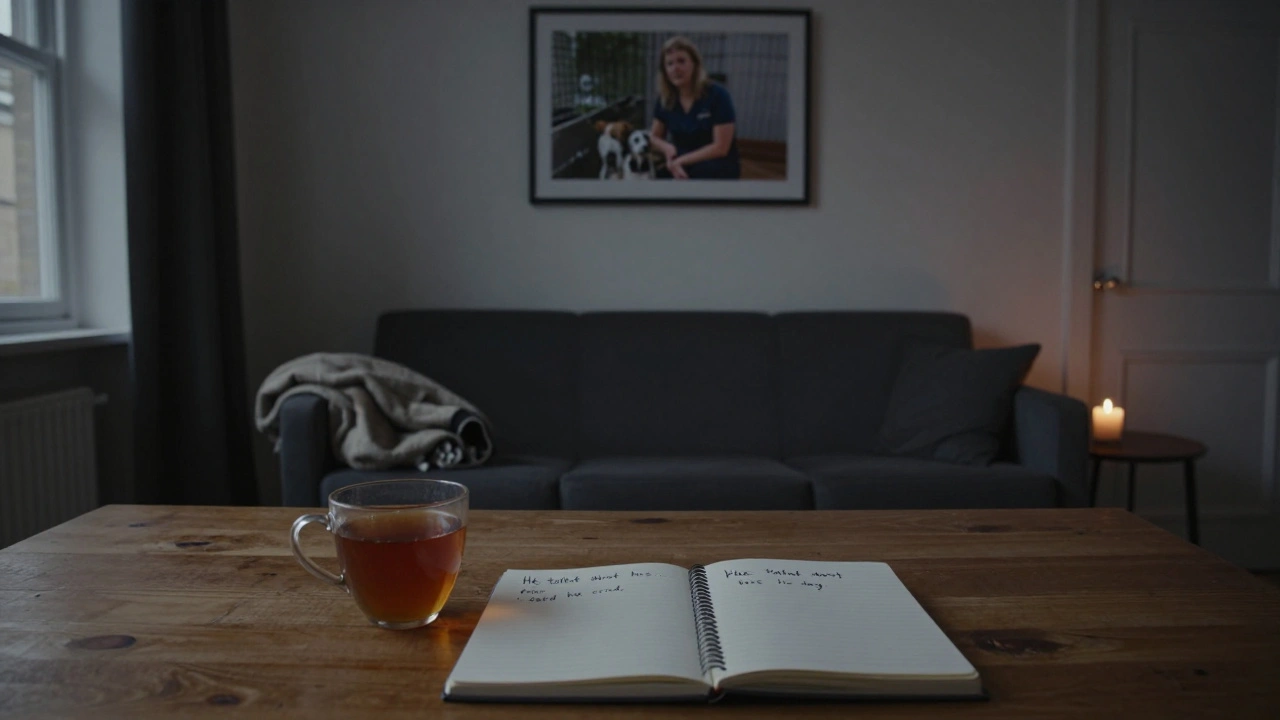 An empty but warm London apartment at dusk, with a teacup, candle, and notebook suggesting a recent heartfelt visit.