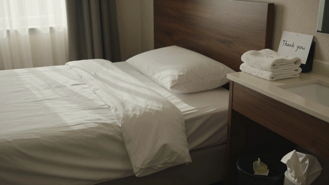 An empty hotel room after a session, tidy and respectful, with a handwritten thank-you note.