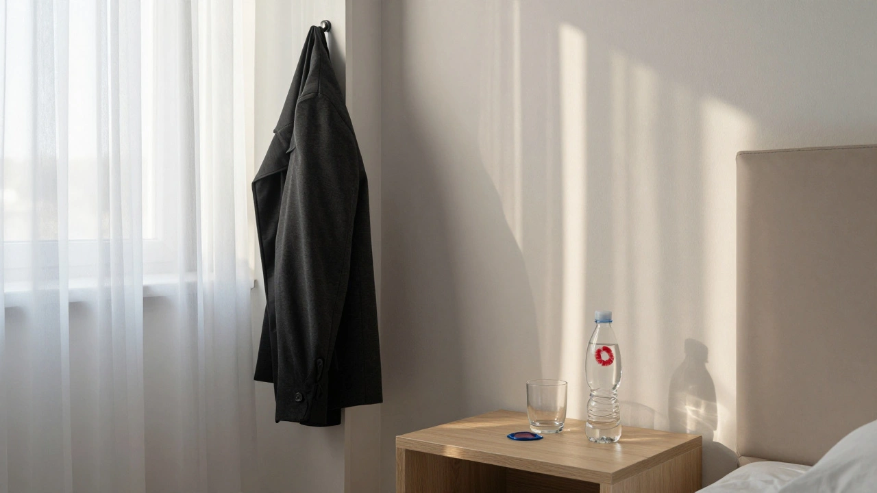 An empty hotel room at dawn with neatly packed belongings, showing a respectful and clean departure.