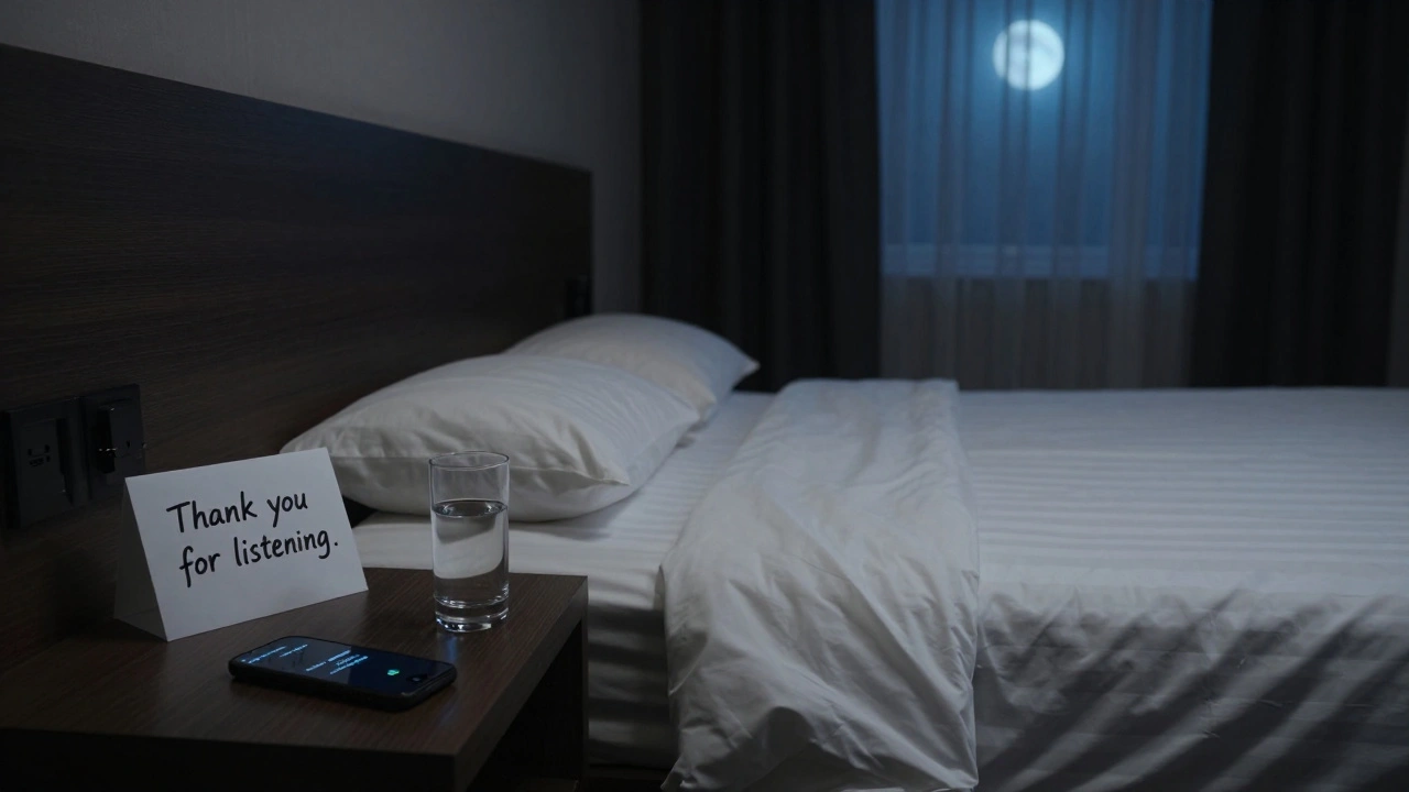 An empty hotel room with a thoughtful note and glass of water, hinting at a respectful encounter.