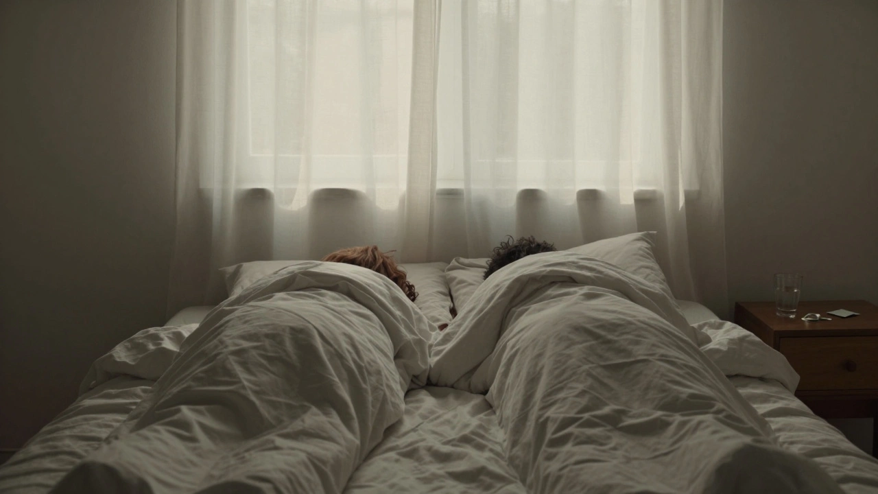Back-to-back figures in a sunlit bedroom at dawn, condom wrapper and water glass on nightstand.
