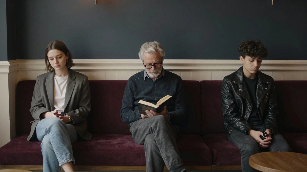 Diverse clients waiting calmly in a boutique hotel lobby, each lost in their own thoughts.