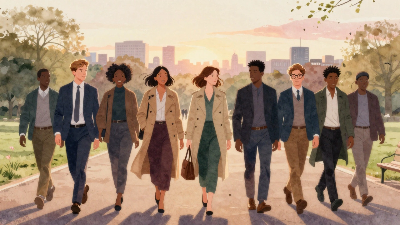 Diverse Londoners walking through Hyde Park with independent escorts at sunset, showing companionship through body language and shared moments.