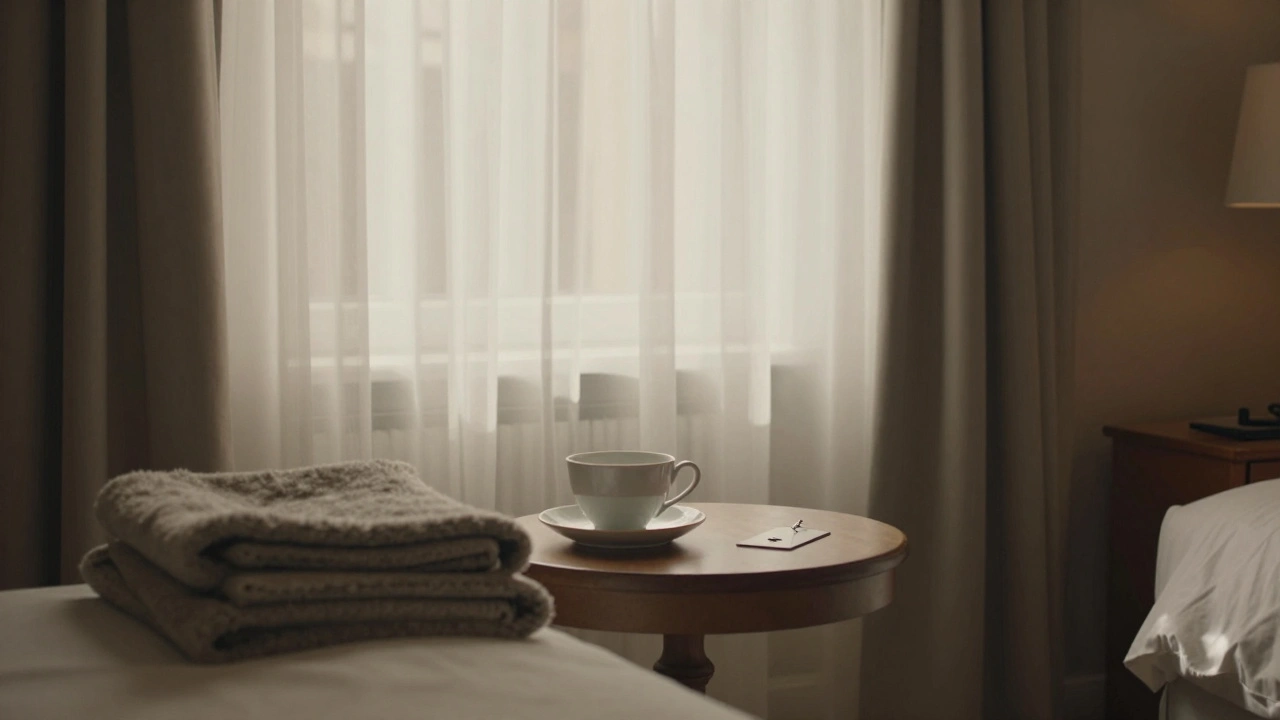 Empty hotel room with teacup and keycard, conveying quiet dignity and privacy.