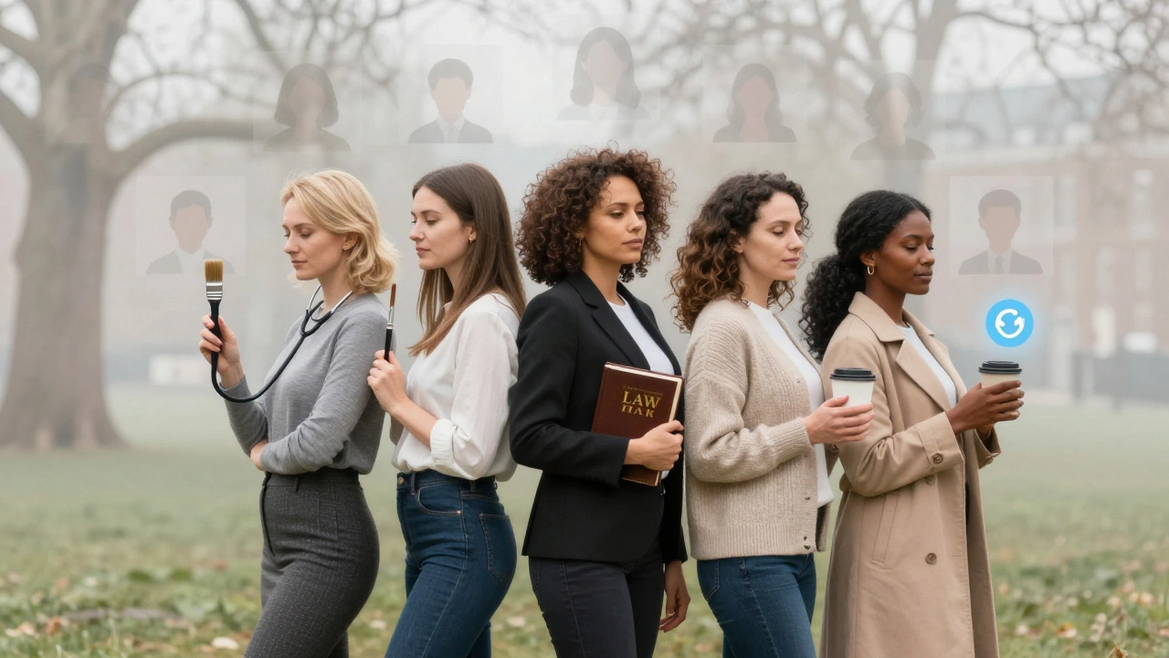 Five diverse women stand together in a park, each holding symbols of their other lives and professions.