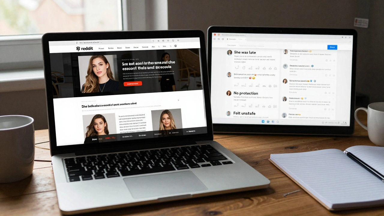 Laptop showing fake escort ads next to real user reviews on Reddit.