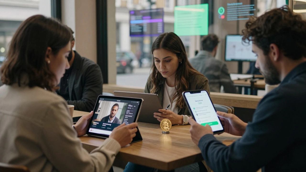 People in a London café using devices to explore verified escort services digitally.